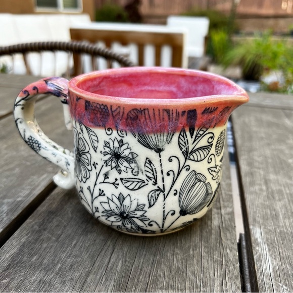 Studio Pottery Floral Pink Dipped Glazed Mini Pitcher Artist Signed - Picture 3 of 9
